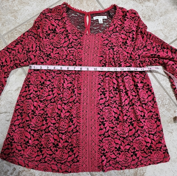 John Paul Richard Red Floral Burnout Lace Bell Sleeve Blouse Size M Y2K Romantic - Picture 7 of 8